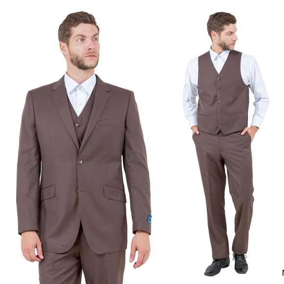 Modern Fit 3pc Wool Mens Suit Set by ZeGarie, Cocoa - Picture 1 of 6
